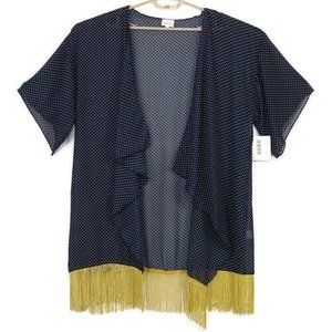 LuLaRoe‎ Monroe Kimono Blue White Polka Dot Gold Fringe L Large